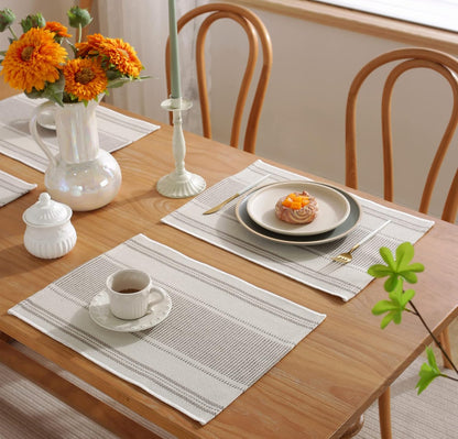 Placemats Set of 6 for Dining Table Décor, Woven Cloth Place Mats for Farmhouse Kitchen Tabletop, Handcrafted Machine Washable Cotton Table mats 13 x 19 Inch, Light Linen