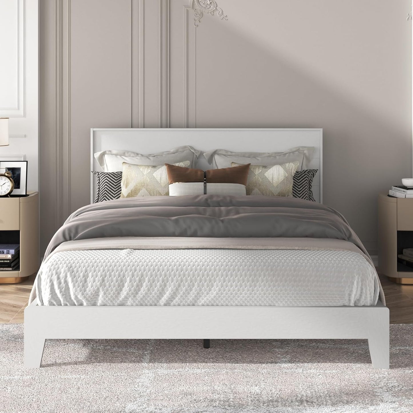 Galano Payne Queen Bed Frame with Headboard – White Platform Bed Frame, Wood Slat Support, No Box Spring Needed, Bedframe Queen Size, Base de Lit Queen, Queen Size Bed Frame
