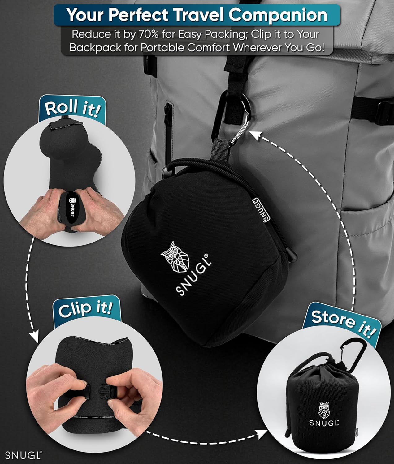 SNUGL Travel Pillow - Memory Foam Neck Cushion - Flight Pillow | Support Neck Pillow for Travel | Travel Neck Pillow for Airplane with Carry Bag & Clip | Flying Travel Essentials (Black - Small)