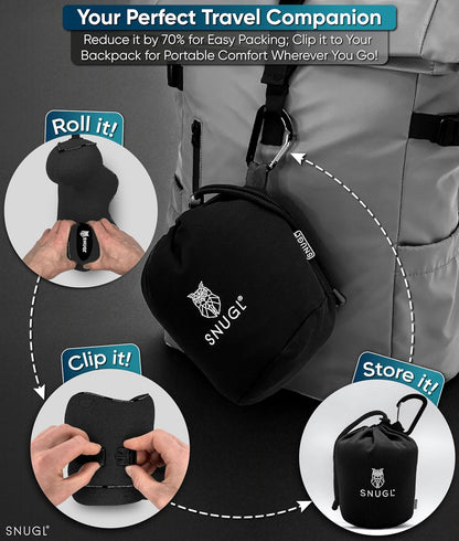 SNUGL Travel Pillow - Memory Foam Neck Cushion - Flight Pillow | Support Neck Pillow for Travel | Travel Neck Pillow for Airplane with Carry Bag & Clip | Flying Travel Essentials (Black - Small)