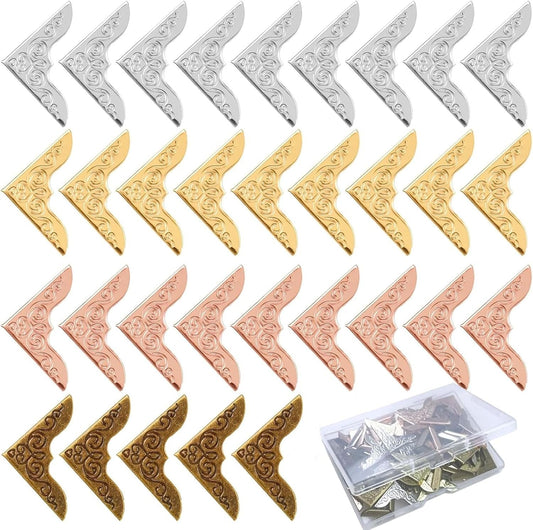 Tehttz 80Pcs Metal Book Corner Protector, 4 Colors Protective Corner Edge Decoration for Books Vintage Corner Protection Vintage Photo Corners Decorative Protector for Scrapbook Menus Folder Book