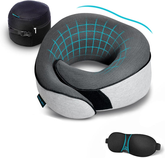 Proglobe Neck Travel Pillow - Neck Pillow, 100% Memory Foam, Sleep Pillow, Ideal for Travel by Plane, Car, Train, with 3D Mask, and Premium Mesh Bag, Grey