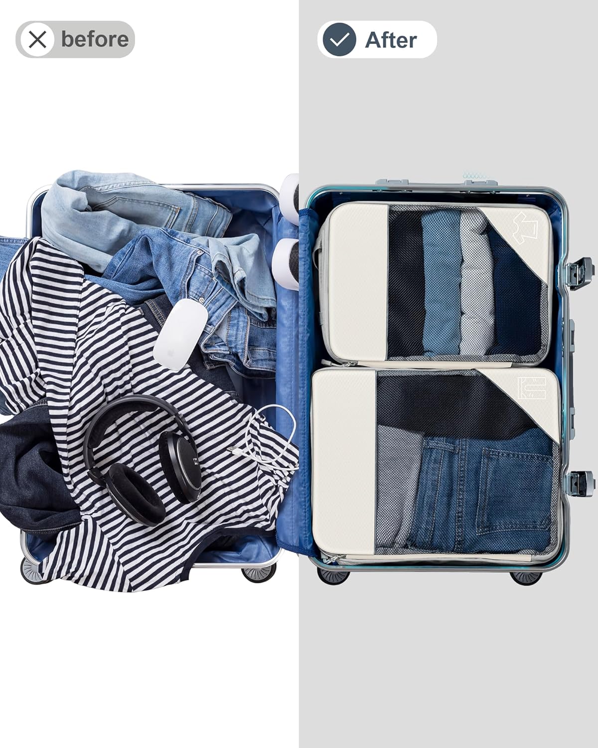 Koncle Compression Packing Cubes for Suitcases, Extensible Travel Packing Cubes, Mesh Luggage Suitcase Organizer Bags, Large Medium Small Slim Packing Cube, Travel Suitcase Accessories Cream