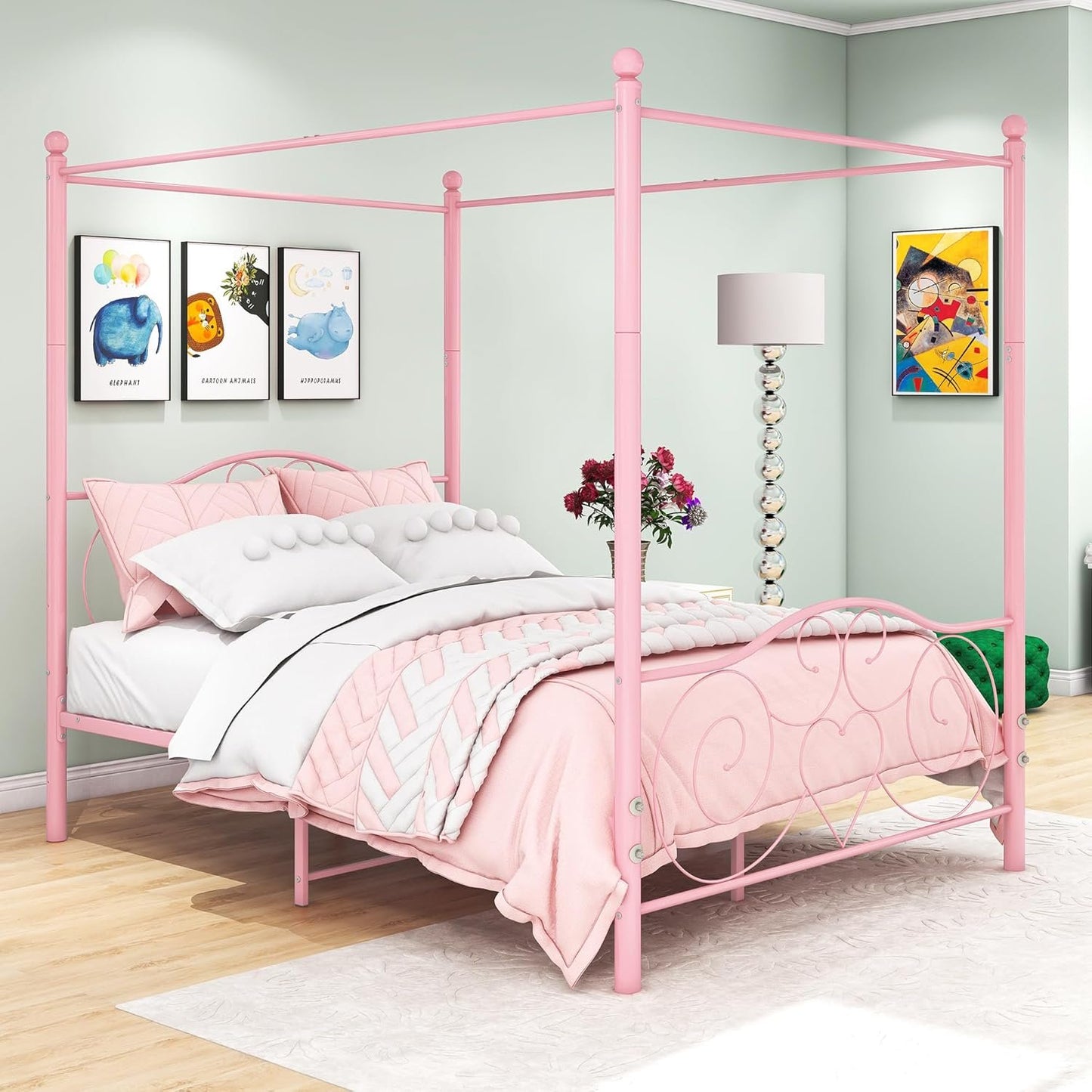 HAHRIR Canopy Bed Frame Platform Metal Bed Frame Heavy Duty Steel Slat and Support with Headboard and Footboard No Box Spring Required (Queen, Pink)