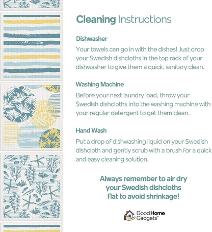 Good Home Gadgets Swedish Dishcloths for Kitchen | 6-Pack Ocean Collection | Absorbent Reusable Swedish Dishcloths, Eco-Friendly Cellulose Sponge Dishtowels