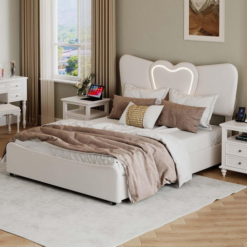 Upholstered Bed 140 x 200 cm with Cassette, LED Heart Headboard and USB Charging Function, Double Bed with Hydraulic Space, Slatted Frame, Beige, Velvet, Without