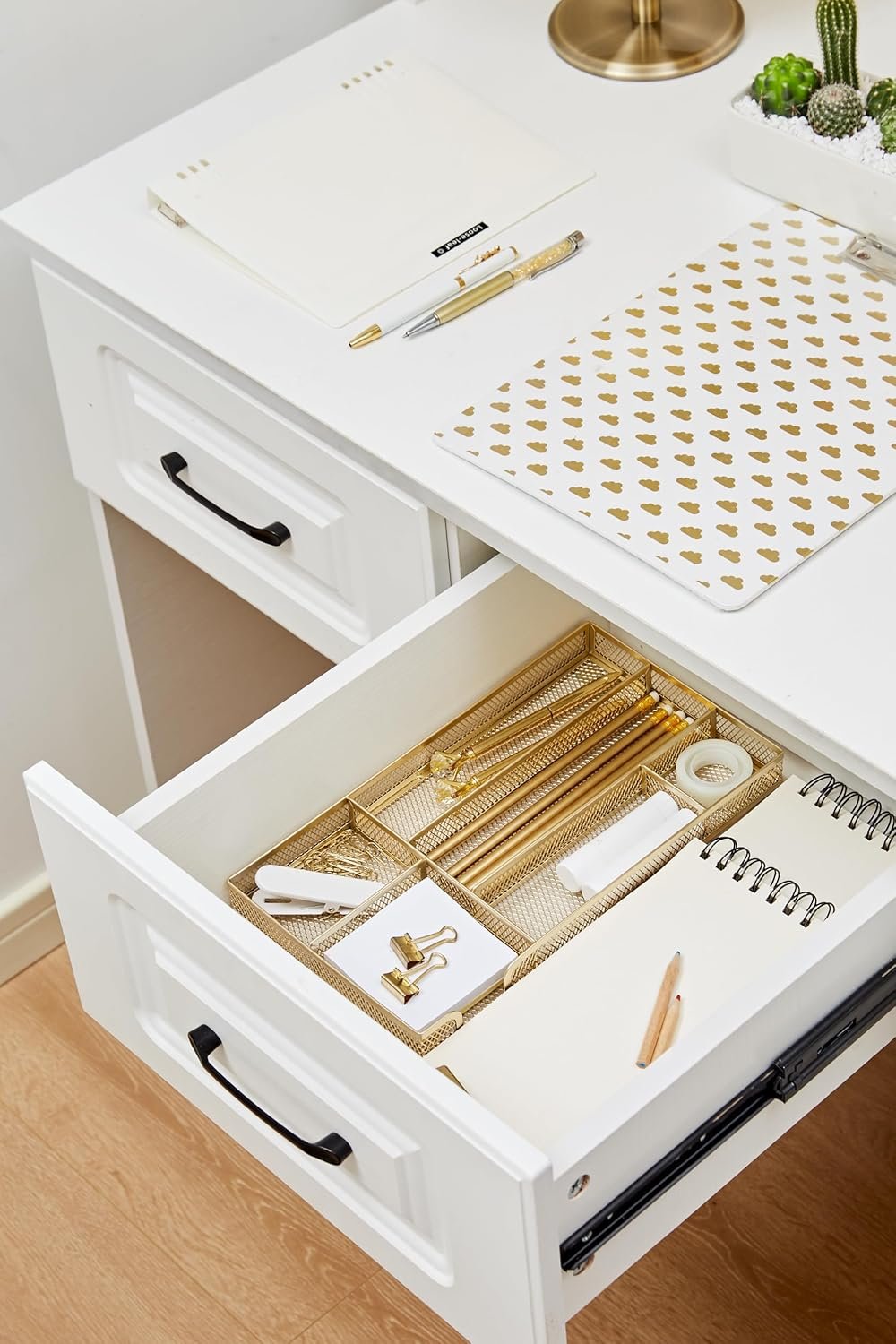 Annova Desk Drawer Organizer Tray for Office Organization - Metal Mesh - Storage Tray with Dividers for Pens, Desktop Accessories, Bathroom, Kitchen, Makeup and Office Supplies (Gold)
