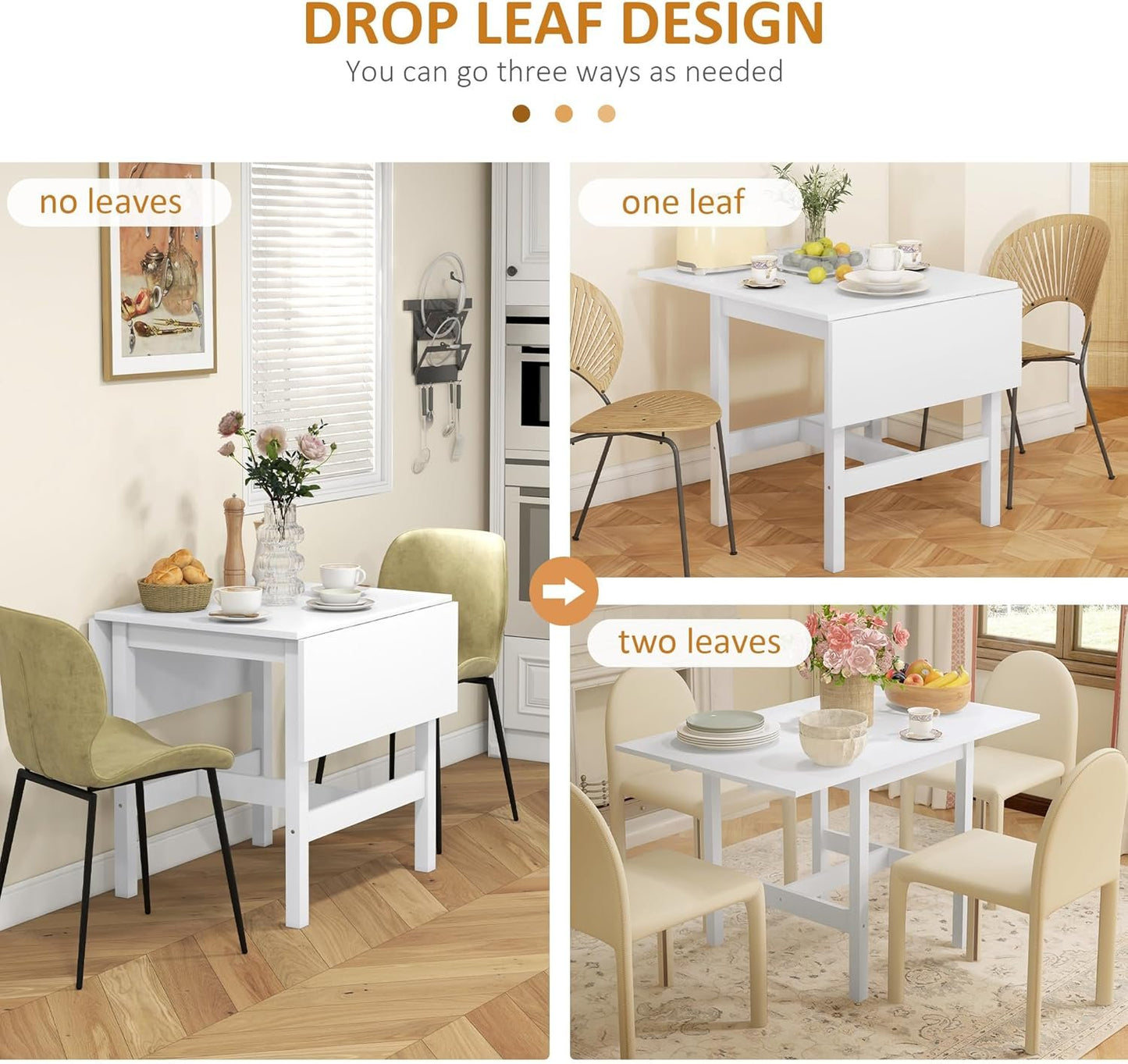 HOMCOM Foldable Solid Wood Dining Table, Drop Leaf Table for Small Spaces, Folding Table for Kitchen, Dining Room, White