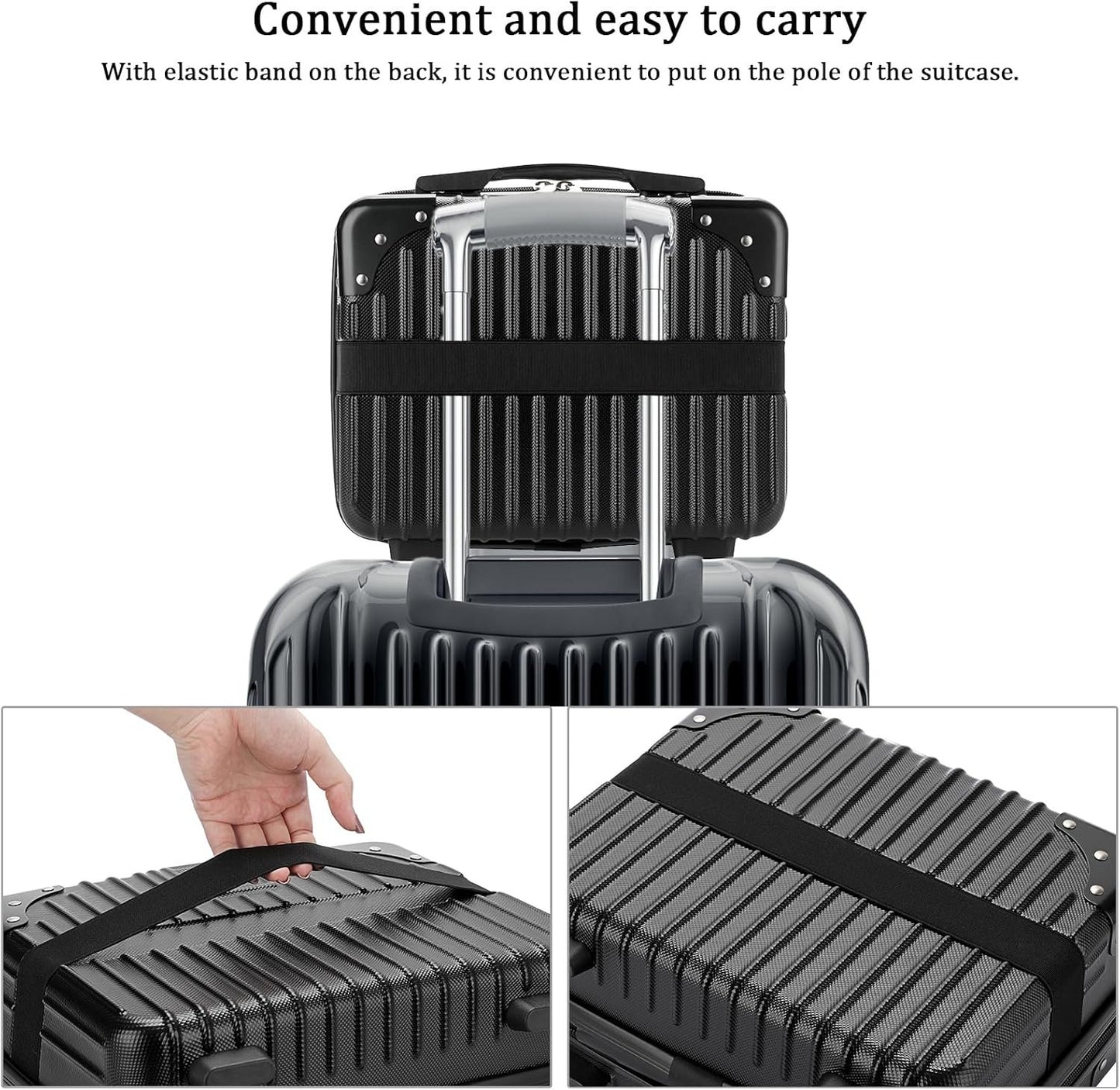 BSTKEY Portable Hard Shell Cosmetic Travel Case, Small Travel Hand Luggage with Elastic Band, Mini ABS Carrying Makeup Case Suitcase, Black