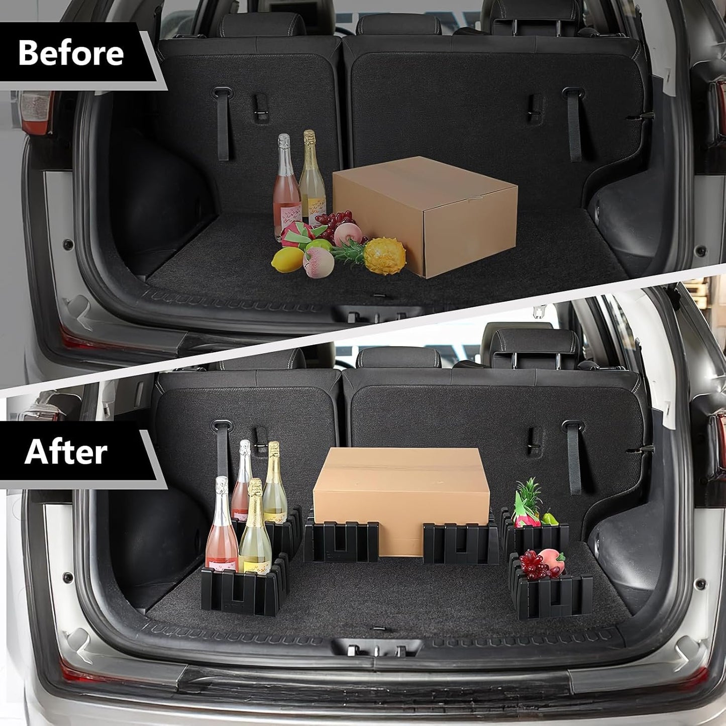 Trunk Organizer Blocks, Set of 8 Automotive Storage Dividers, Fastened Well to Wool Trunk's Carpet, Cargo Containment System for Back of Car, SUV, Van, Truck, SUV - Black