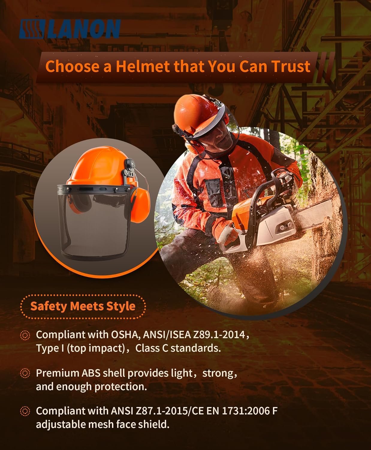 LANON Chainsaw Helmet Forestry Safety Helmet Protection System,ANSI Approved Hard Hats with Adjustable Ear Muffs & Face Shield Visor, 6 Point Adjustable Ratchet Suspension, Class C, Orange