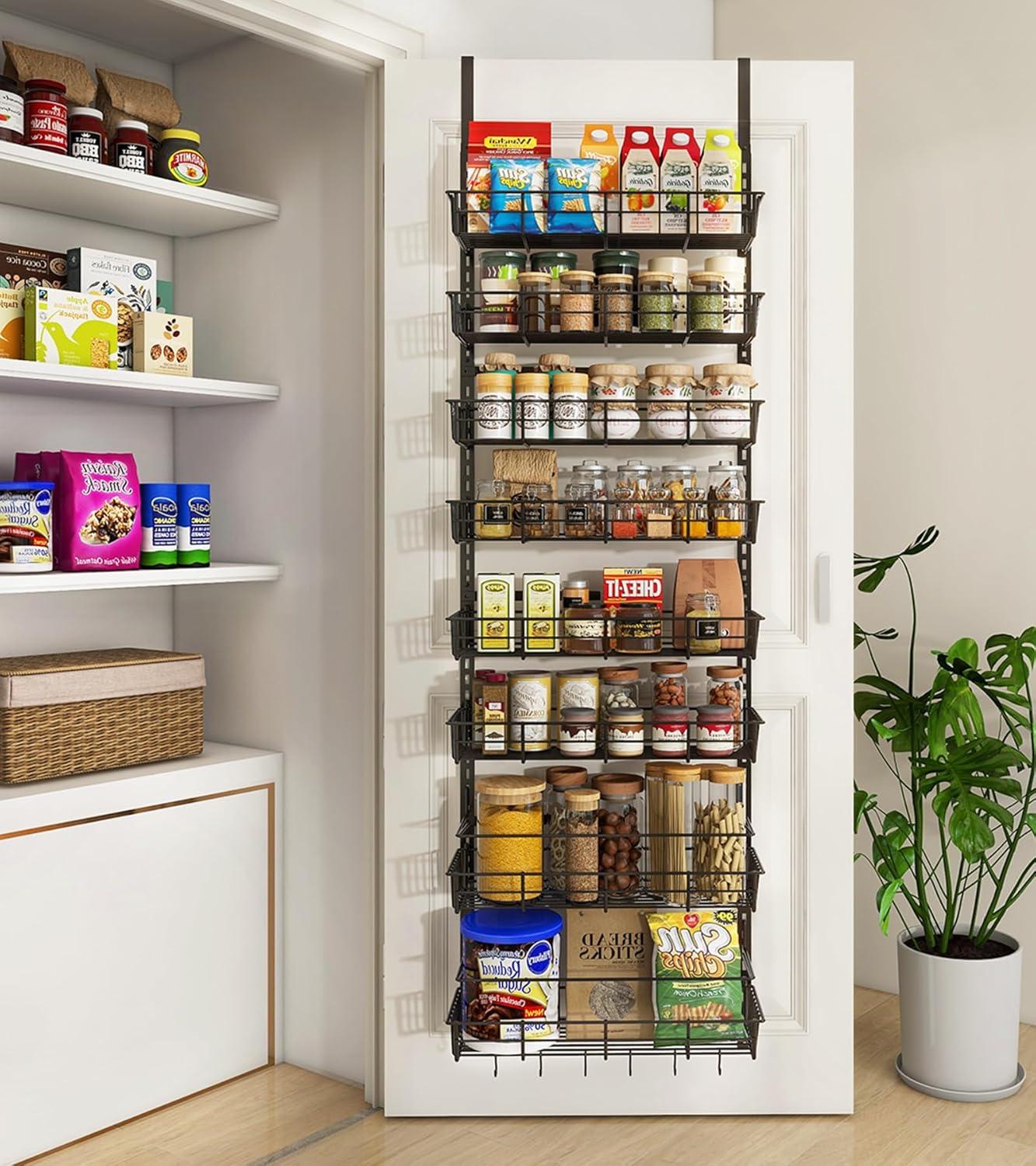 Over The Door Pantry Organizer, Wall Mount Spice Rack, Pantry Hanging Storage and Organization, 8 Adjustable Baskets Heavy-Duty Metal for Home & Kitchen, Back of Door Seasoning Rack - Black