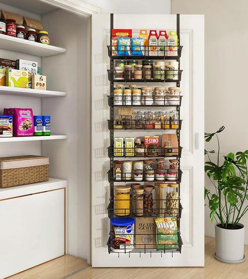 Over The Door Pantry Organizer, Wall Mount Spice Rack, Pantry Hanging Storage and Organization, 8 Adjustable Baskets Heavy-Duty Metal for Home & Kitchen, Back of Door Seasoning Rack - Black