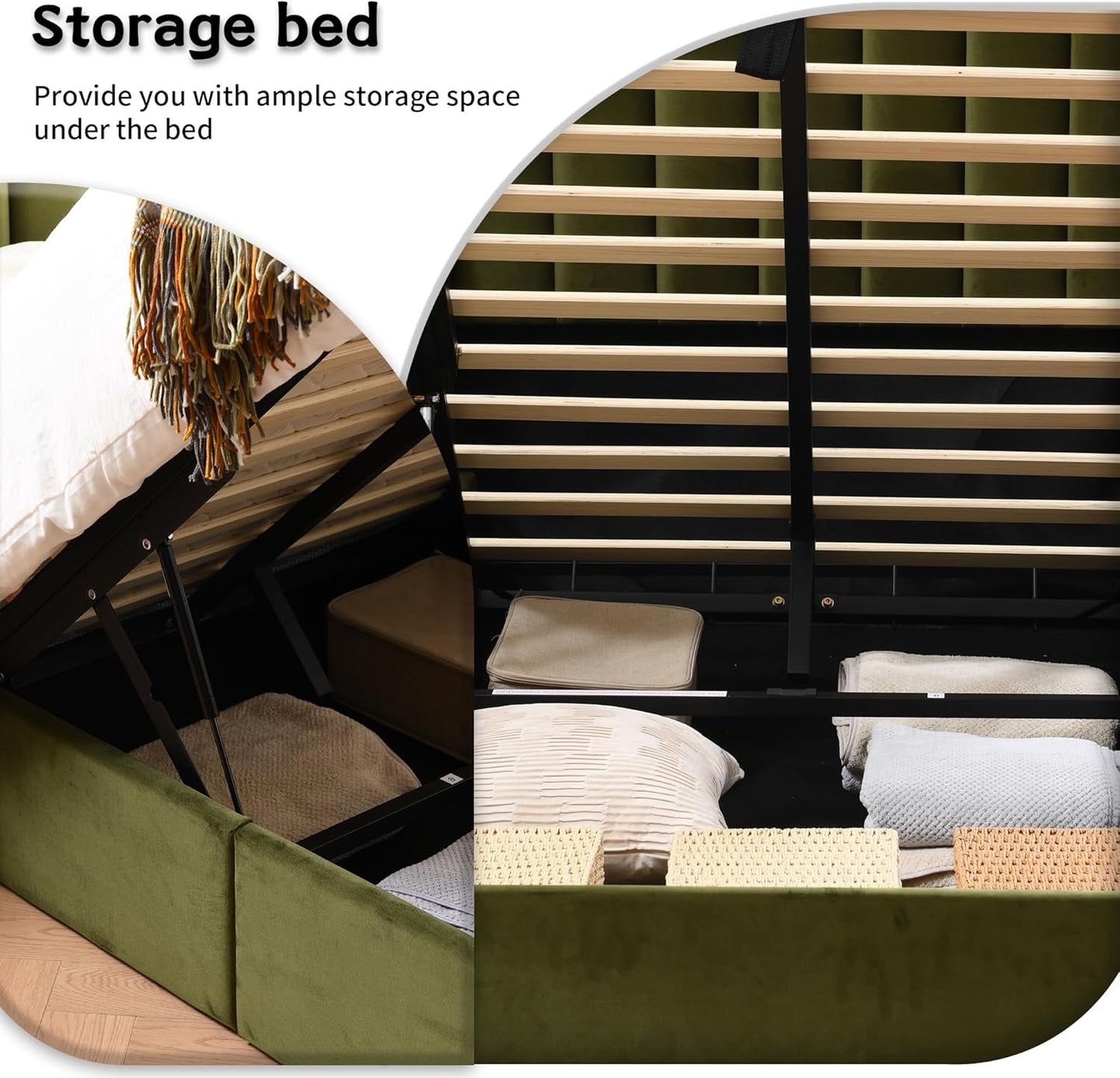 YUHUASHI Twin Size Hydraulic Storage Bed, Upholstered Platform Bed Frame, Modern Wingback Design Headboard, Velvet Fabric with Hydraulic Support Bars, No Box Spring Required (Grass Green, Twin)