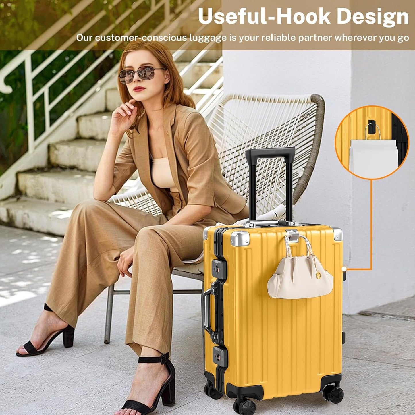 Krute Carry On Luggage PC+ABS Luggage Aluminum Frame Zipperless Lightweight Hardshell Suitcase with TSA Lock Spinner Wheels 20 Inch Yellow