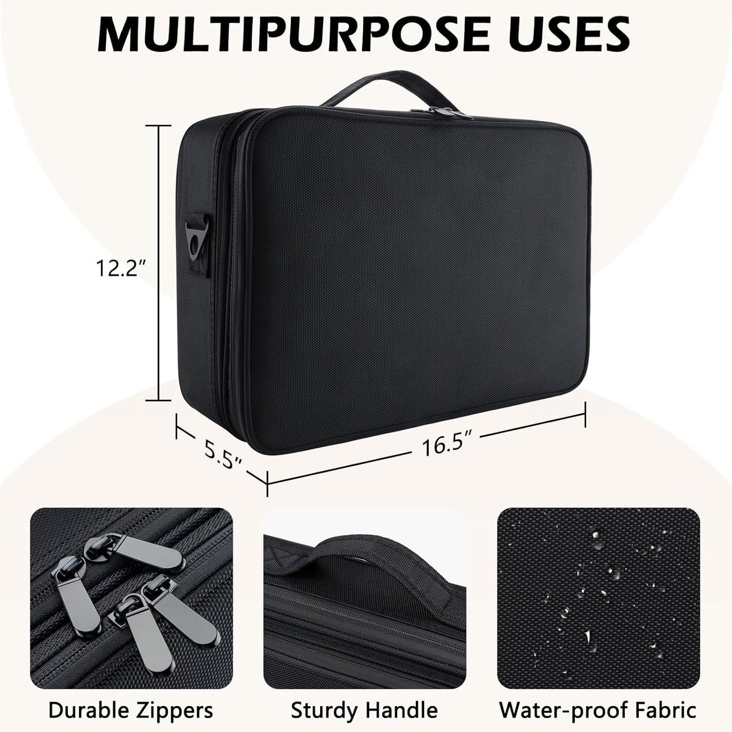 GZCZ 3 Layers Large Capacity Travel Professional Makeup Train Case Cosmetic Brush Organizer Portable Artist Storage bag 16.5 inches with Adjustable Dividers and shoulder strap for Make up Accessories
