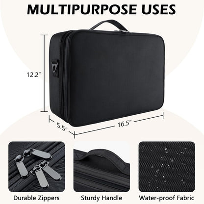 GZCZ 3 Layers Large Capacity Travel Professional Makeup Train Case Cosmetic Brush Organizer Portable Artist Storage bag 16.5 inches with Adjustable Dividers and shoulder strap for Make up Accessories