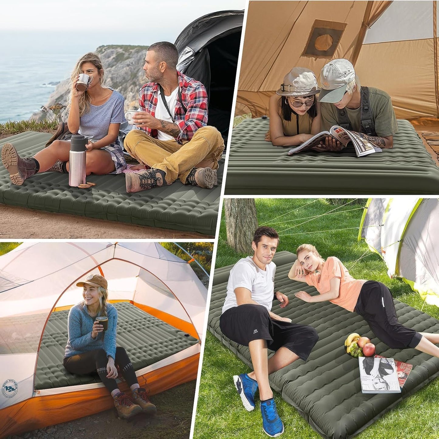 Camping Sleeping Pad-Elegear 4inchUltra-Thick Double Self-Inflating Mattress Camping Waterproof, Air Sleep Mat with Carry Bag Built-in Pillow Foot Pump for Cots Backpacking,Hiking,Camping,Travel,Green