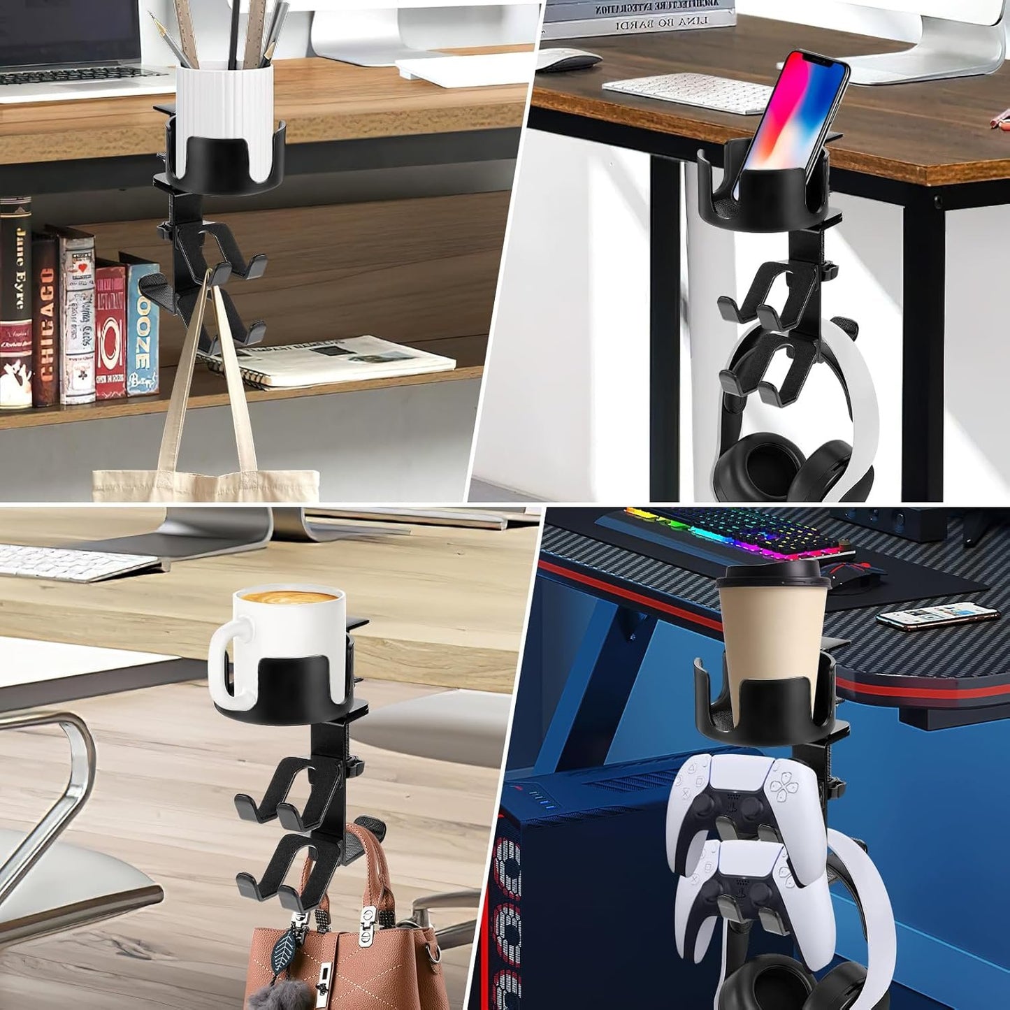 welltop 4 in 1 Controller Holder with Desk Cup Holder & Headphone Hanger, Rotatable Under Desk Clamp Controller Holder Dual Gamepad Headset Stand Gaming Desk Accessories for Xbox, PS4, PS5, PC, Switch