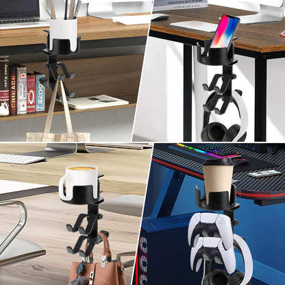welltop 4 in 1 Controller Holder with Desk Cup Holder & Headphone Hanger, Rotatable Under Desk Clamp Controller Holder Dual Gamepad Headset Stand Gaming Desk Accessories for Xbox, PS4, PS5, PC, Switch