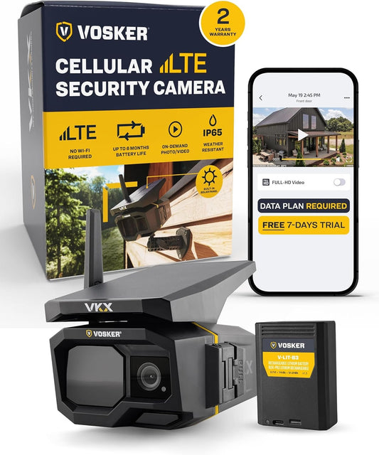 Vosker VKX Solar Powered 4G-LTE Outdoor Cellular Security Camera - No WiFi Needed, Motion Activated, Night Vision, SIM Card Included, On-Demand Mode - 15s Video Clips, IP65 Weather-Resistant