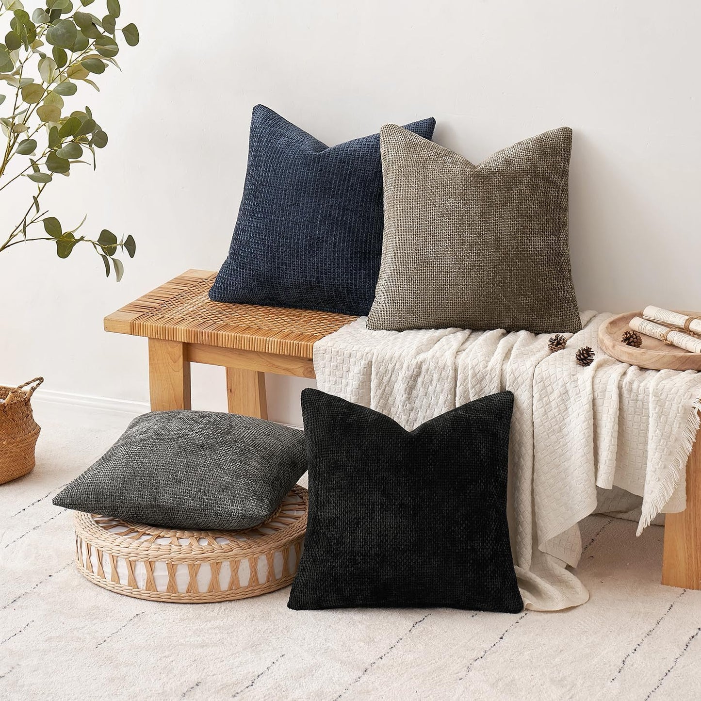 MIULEE Pack of 4 Couch Throw Pillow Covers 20x20 Inch Neutral Navy/Grey Soft Decorative Chenille Pillow Covers Farmhouse Cushion Covers for Home Decor Sofa Bedroom Living Room