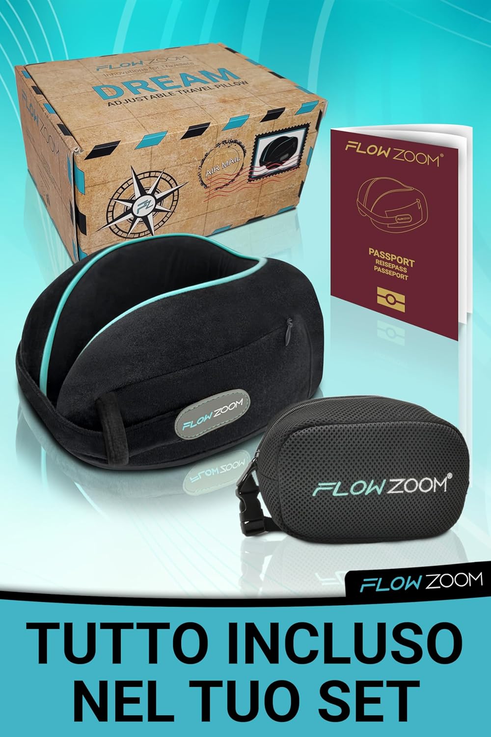 FLOWZOOM Dream Memory Foam Travel Neck Pillow - Airplane & Car Pillow, Adjustable with Raised Sides for Extra Support, Velvety Washable Lining and Mesh Bag - Black