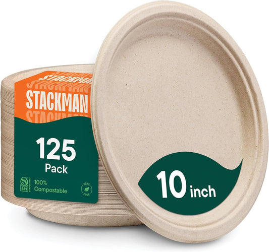 Paper Plates, Compostable Heavy Duty Disposable 10 Inch Dinner Plate - (125-Pack)- (PFAS-Free) - (BPI Certified)-Eco-Friendly, Biodegradable Bagasse Natural Brown 10"