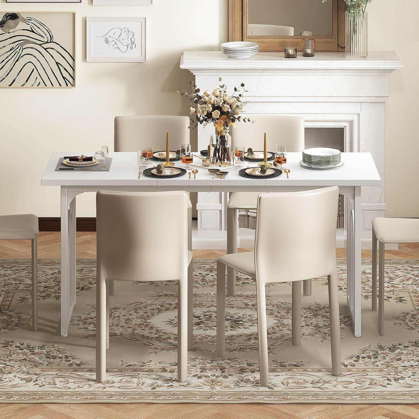 Giantex 160CM Dining Table for 6-8 People, Rectangular Farmhouse Kitchen Table w/Heavy Duty Metal Legs, Large Mid Century Dinner Table for Dining Room, Living Room, Restaurant, White