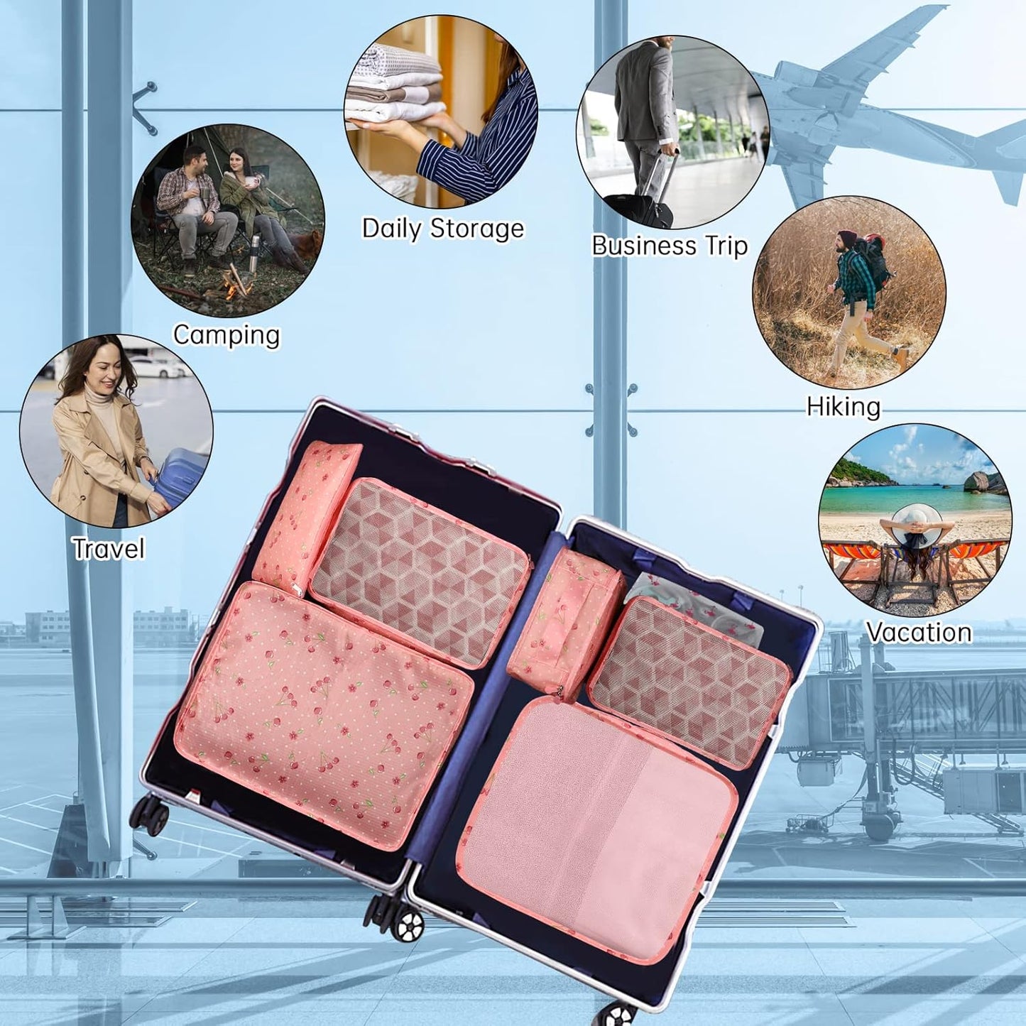 Sciphylia Organizer Suitcase Organizer Suitcase Set of 10 Travel Organizer Bags Travel Packing Cubes Useful Accessories for Clothes Cosmetics Shoes Underwear Red Pink