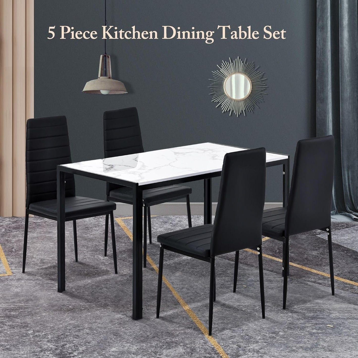 Luxsuite Dining Table Set Marble Tabletop Rectangular 120cm Modern Sintered Stone Glossy Marble Effect Top Dinner Tables 4 Seater with Tapered Metal Legs Dining Room Home Lounge Kitchen White