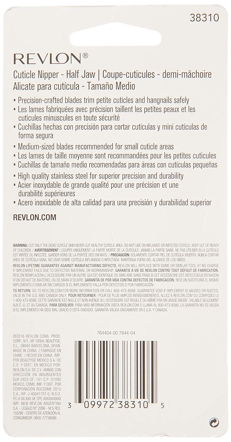 Revlon Half Jaw Cuticle Nipper, Manicure Tool for Nail Care, Hangnail Clipper, For More Precise Trims, Non-Slip Grip, Stainless Steel, 1 Count