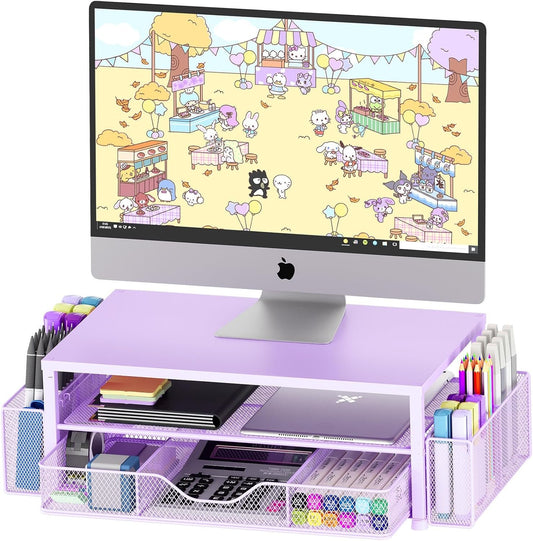 OPNICE Desk Organizers and Accessories, 2-Tier Computer Monitor Stand for Desk Organizer with Drawer and 2 Pen Holders, Office Desk Accessories Workspace Desktop Organizers for Office Supplies, Purple