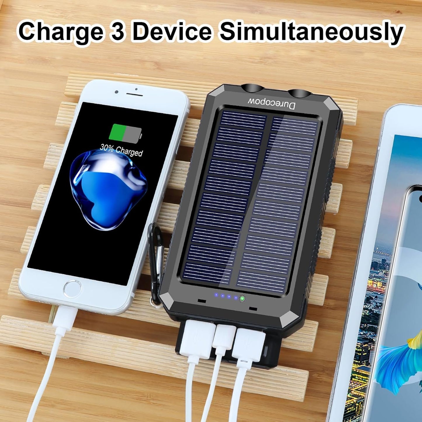 Solar Charger 20000mAh, Solar Power Bank Waterproof Portable Solar Phone Chargers Compatible with All Smartphone External Battery Pack with Dual 2 USB Port/LED Flashlights for Outdoor Camping(Blue)