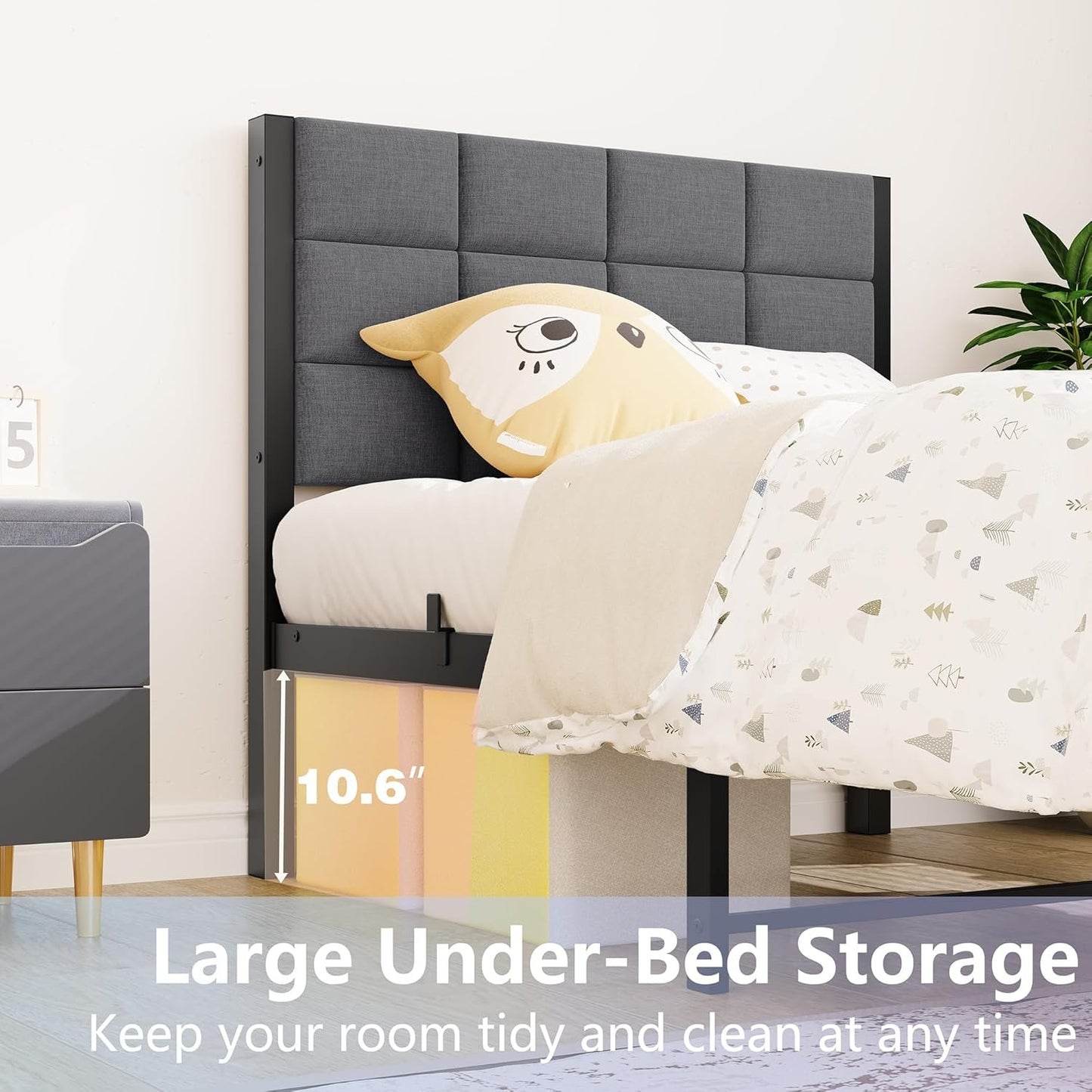 JUISSANO Twin Bed Frame with Upholstered Headboard,Single Bed Frame Twin Size Mattress Base,Metal Platform Bed Frame,Heavy Duty Metal Slats/No Box Spring Needed/Under Bed Storage,No Noise,Grey Linen