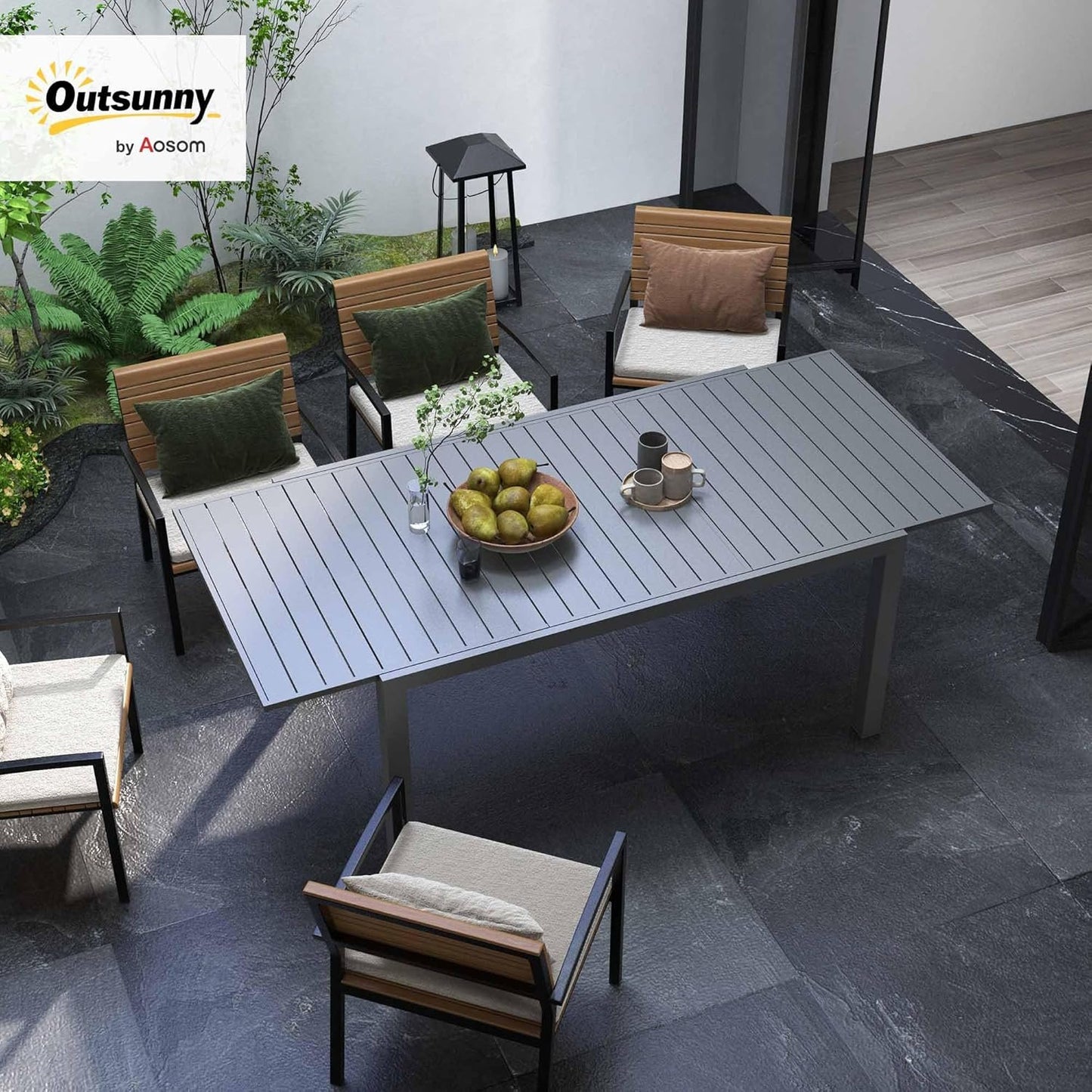 Outsunny Expandable Outdoor Dining Table for 6-8 People, Patio Dining Table with Aluminum Frame & Slatted Tabletop, Rectangle Patio Table for Garden, Lawn, Balcony, Charcoal Grey
