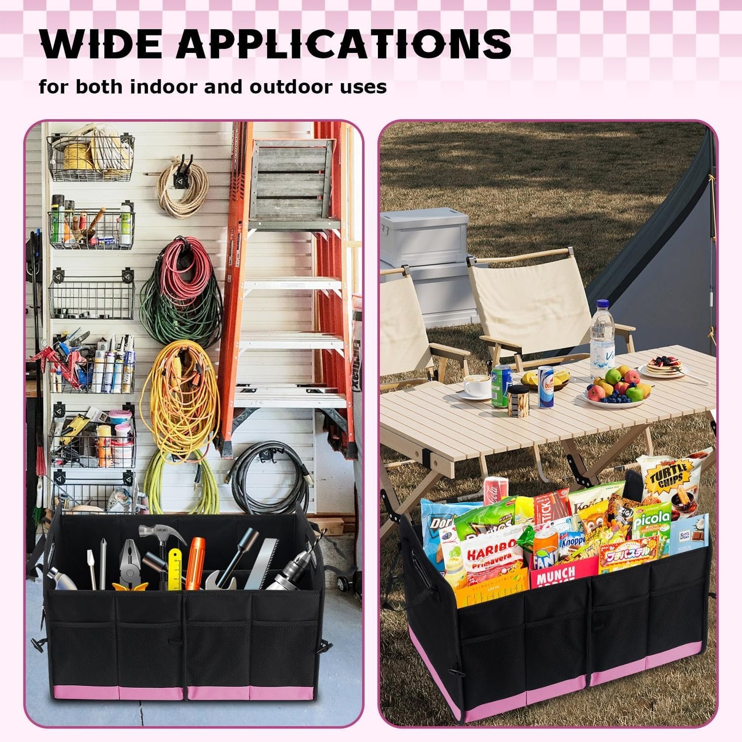 Car Trunk Organizer, 72L Large Capacity Waterproof Auto Storage Organizer with Non-Slip Bottom Strips, Collapsible Cargo Organizer for Suv, Truck, Sedan, Portable Car Accessories for Women Men(Pink)