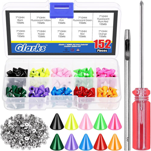 Glarks 150 Sets Colorful Cone Spikes Studs Kit, 10mm Punk Bullet Cone Studs and Spikes, Leather Metal Tree Screw Back Rivets for Leather Craft Clothing Shoes Belts Bags Pet Collars DIY Accessories