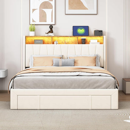 BRILVERDE Upholstered Bed, 160 x 200 cm, Double Bed with 4 Drawers and Slatted Base, LED Headboard with Storage, USB Charging Function, Velvet, Beige (160 x 200 cm)