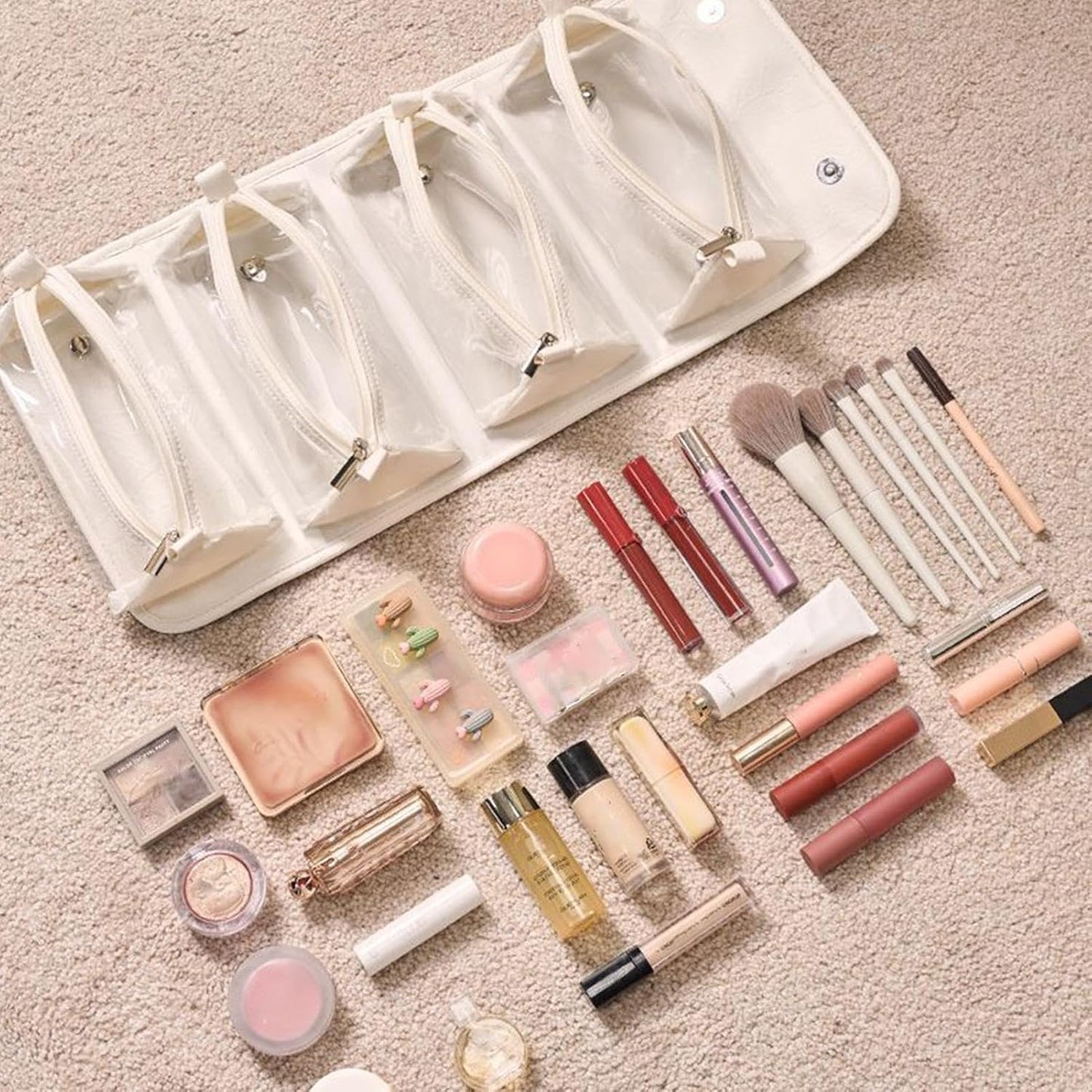 Toiletry Roll Up Travel Bag | Large Capacity Leather Waterproof Cosmetic and Makeup Bag | Open Flat 4 Detachable Clear Compartment Portable Toiletry Bag Pouch with Handle for Accessories, white,