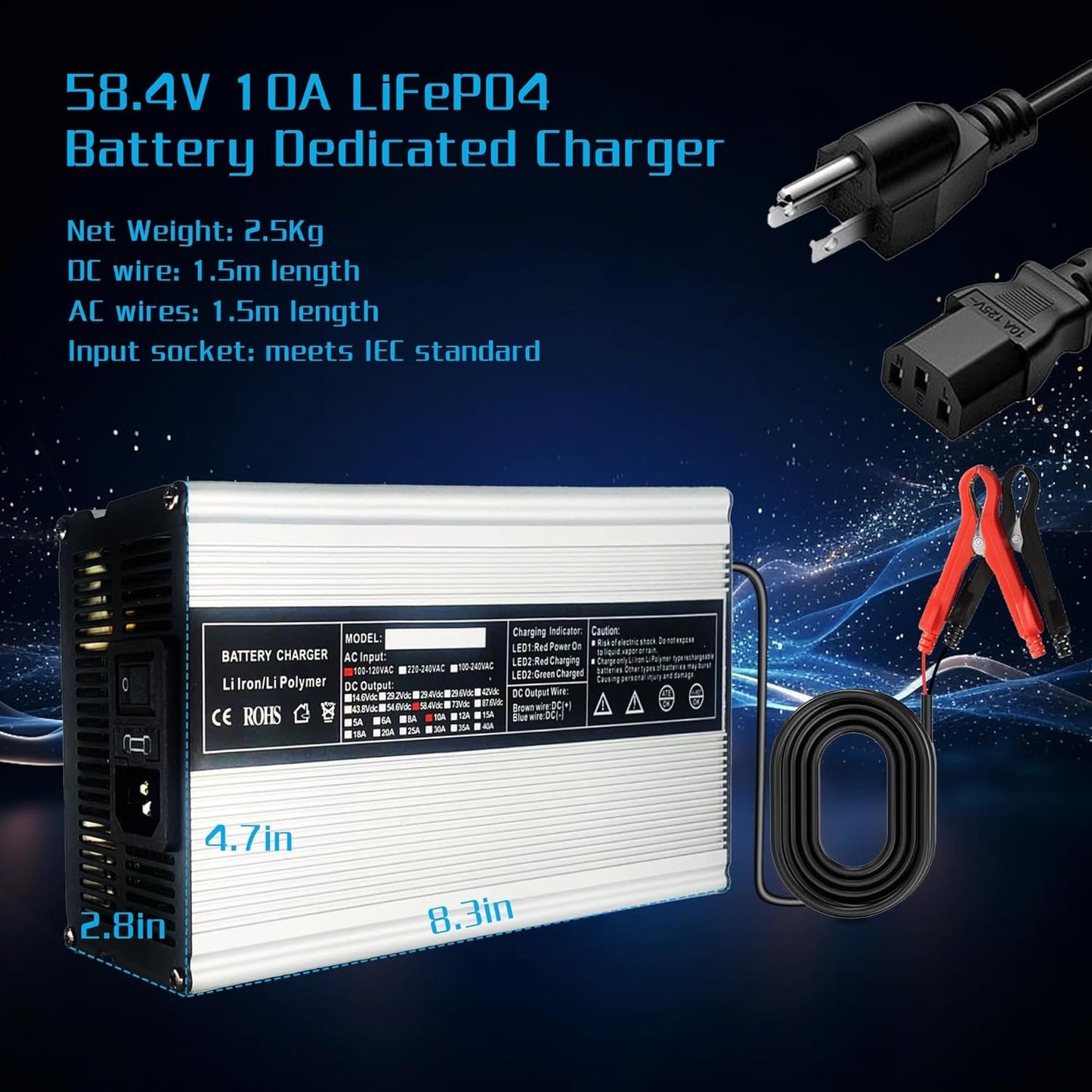 58.4V 10A, AC-DC Battery Charger, Dedicated Best Solution for 48V Lithium Iron Phosphate, LiFePO4 Battery Recharging Support Charging Solar Off-Grid, Backup Power, RV Marine Trolling Motor Lawn Mower