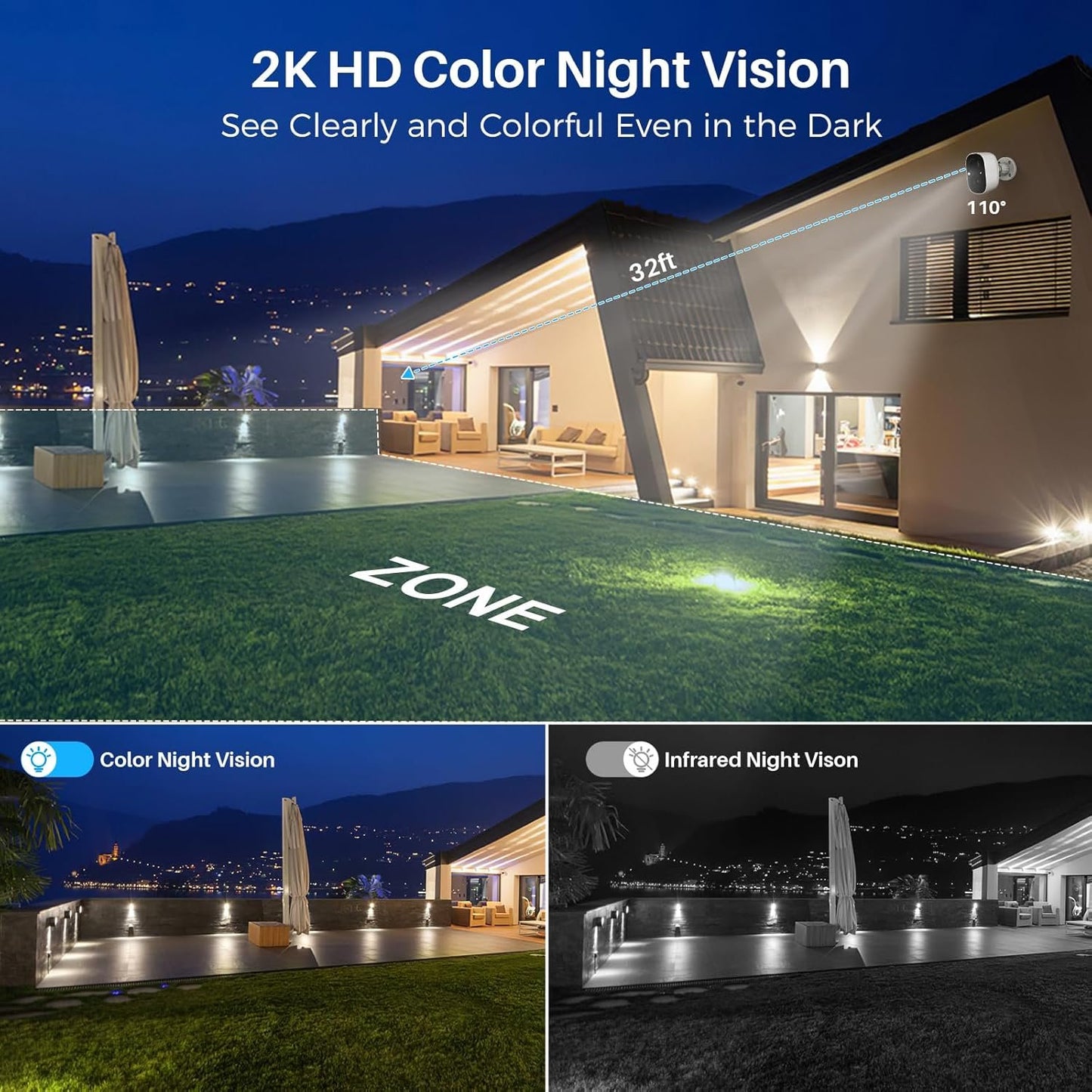 Security Cameras Wireless Outdoor, Outside Cameras for Home Security with AI Motion Detection, Recharge Battery Powered, 2K Color Night Vision, IP66 Weatherproof, 2-Way Talk, SD/Cloud Storage