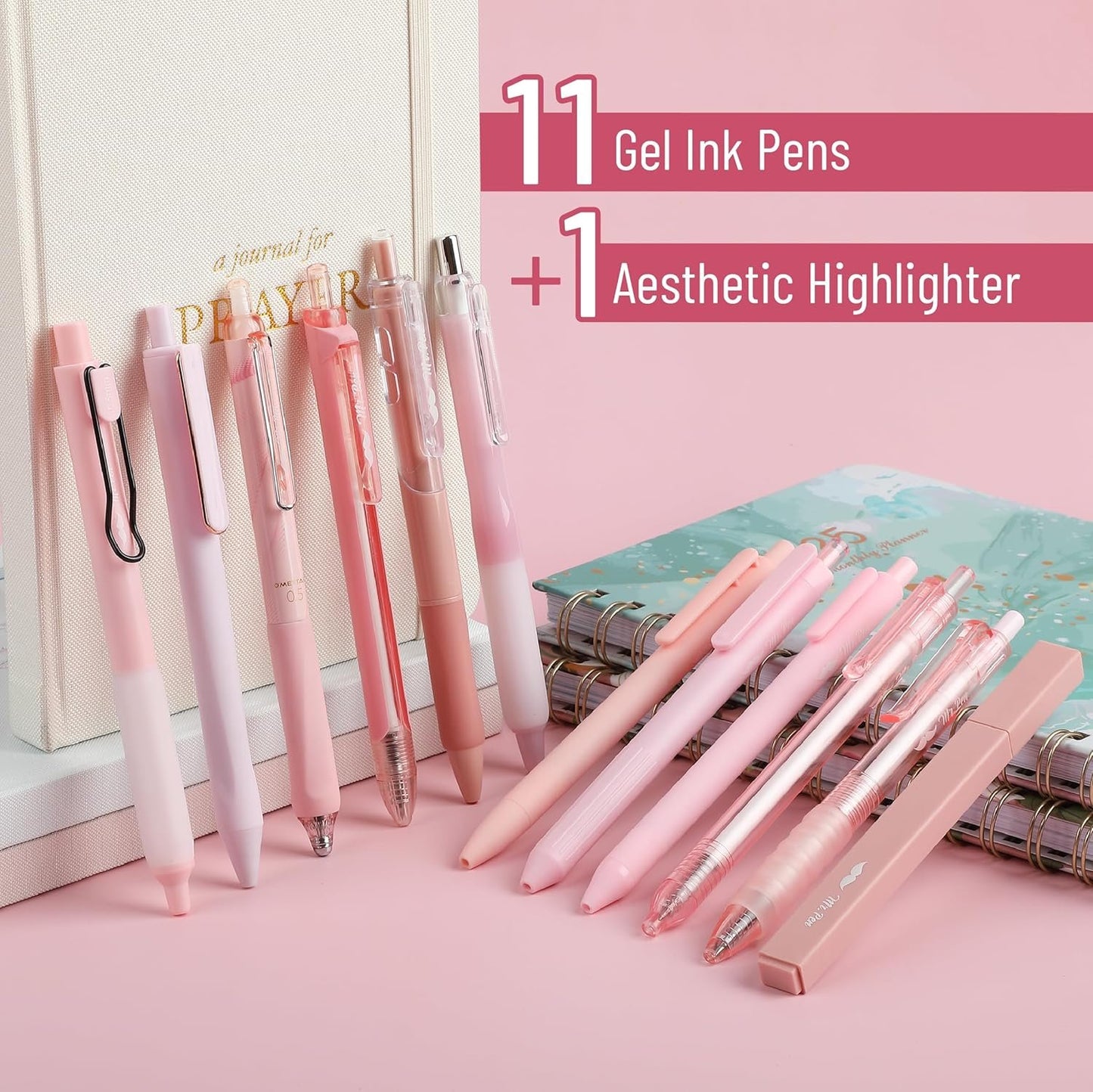 Mr. Pen- Gel Ink Pink Pen Set, 12 Pack, 1 x Aesthetic Highlighter, 0.5mm Cute Pink Pens Black Ink with Pastel Barrels