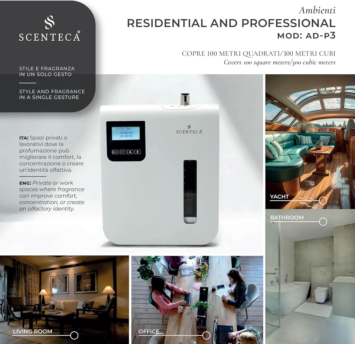 SCENTECA® AD-P3 Fragrance Diffuser for Domestic and Commercial Use Mist, Connectable Hvac, Coverage up to 100 m²/300 mc, 100 ml Fragrance Included "The White and Spring Flowers"