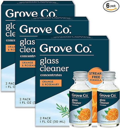 Grove Co. Glass Cleaner, Refill Concentrate (6 x 1 Fl Oz) Streak Free, Plant-based Household Cleaning Supplies, No Plastic Waste, Orange & Rosemary Fragrance, 3 x 2 Pack Refills