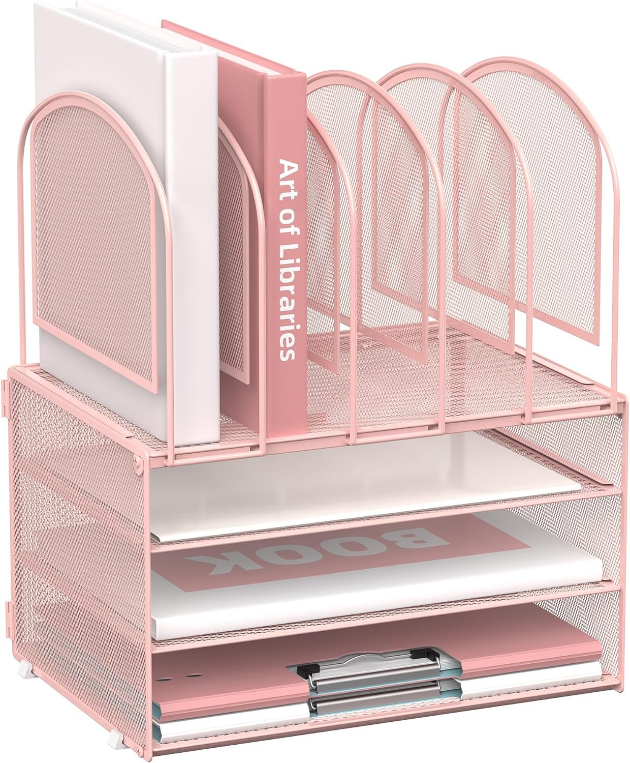DALTACK Paper Desk Organizer, 3-Tier Letter Tray with 5 Vertical File Holders, Multifunction Desk Organizer, Desktop File Folder Organizer, Desk Organizers and Accessories for Home Office, Pink