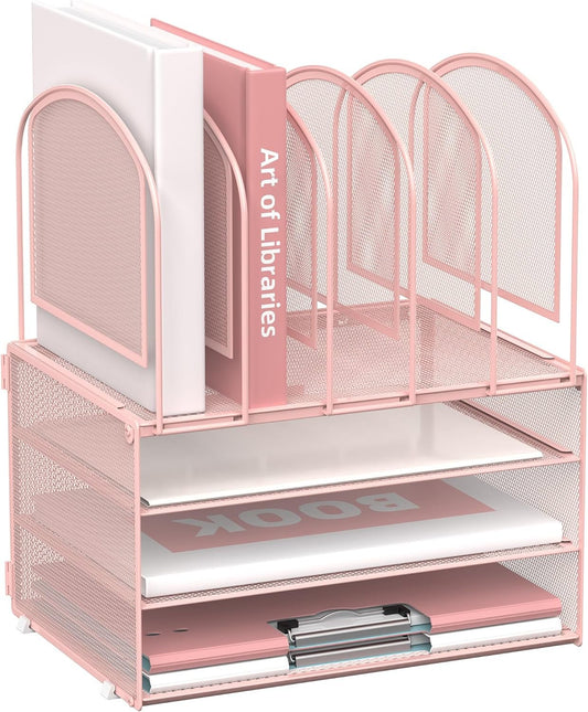 DALTACK Paper Desk Organizer, 3-Tier Letter Tray with 5 Vertical File Holders, Multifunction Desk Organizer, Desktop File Folder Organizer, Desk Organizers and Accessories for Home Office, Pink