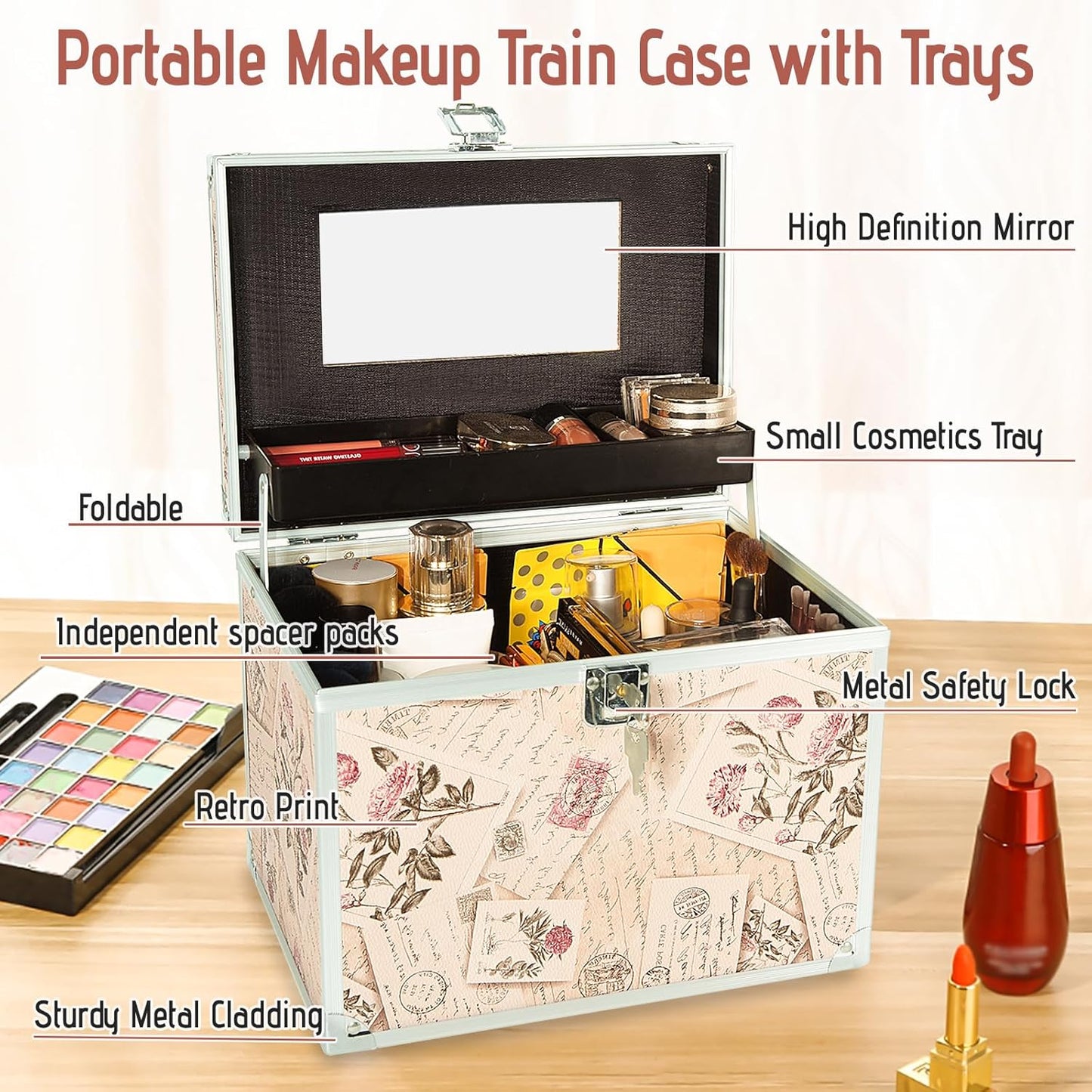 VNIMTI Portable Makeup Box, Vanity Case with Mirror, Cosmetic Storage Box with Trays, Makeup Box Organiser for Vanity, Travel Makeup Train Case (Retro Stamp - L)
