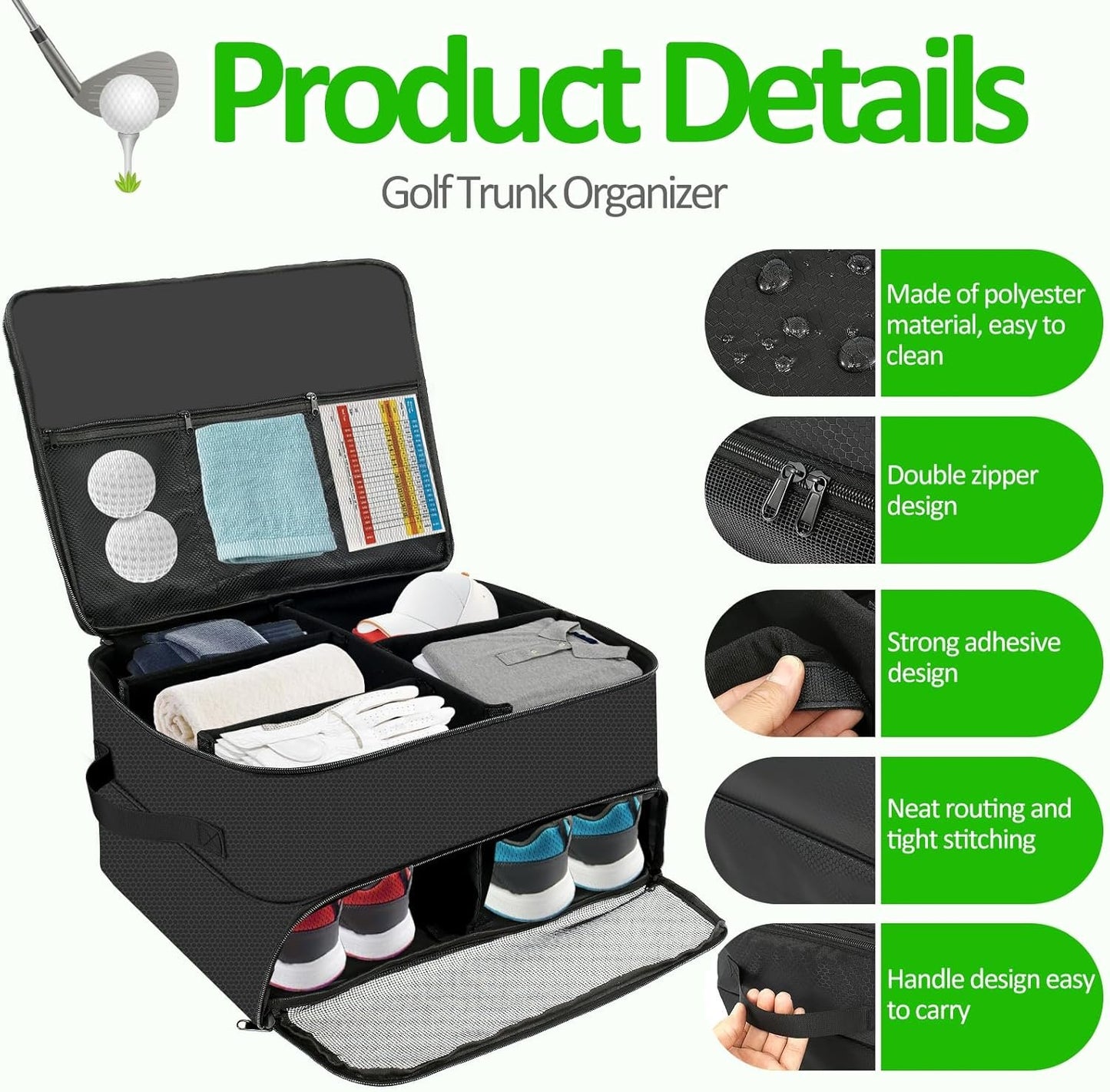 2 Layer Golf Trunk Organizer Large Waterproof Car Golf Locker with Separate Ventilated Compartment Versatile Trunk Organizer for Balls, Tees, Clothes, Gloves (Black)