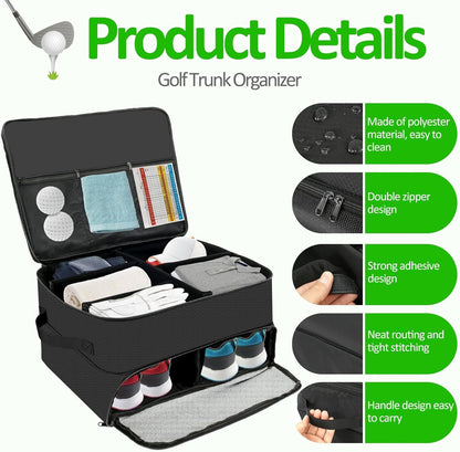 2 Layer Golf Trunk Organizer Large Waterproof Car Golf Locker with Separate Ventilated Compartment Versatile Trunk Organizer for Balls, Tees, Clothes, Gloves (Black)